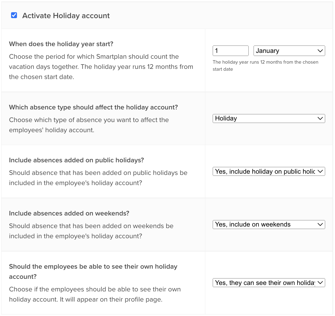 Holiday account settings in Smartplan